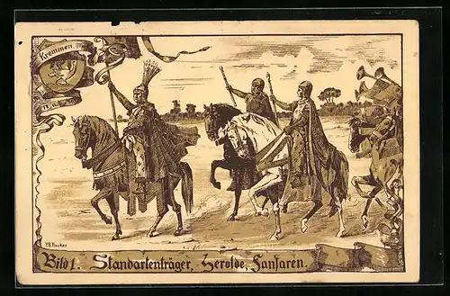 AK Kremmen, Festpostkarte zur 500-Jahrfeier der Schlacht am Kremmer Damm, Standartenträger, Herolde