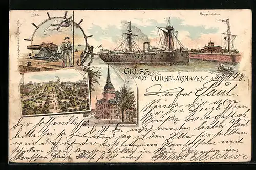 Lithographie Wilhelmshaven, Flaggenstation, Rathaus, Dampfer, Kriegsschiffe