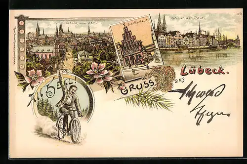 Lithographie Lübeck, Totalansicht vom Dom, Hafen an der Trave, Schifferhaus