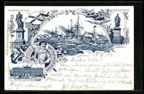 Lithographie Wilhelmshaven, Kriegsflotte auf hoher See, Werftthorgebäude, Denkmäler