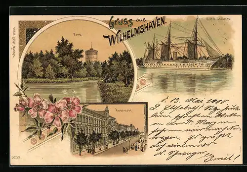 Lithographie Wilhelmshaven, S. M. S. Gneisenau, Park, Roonstrasse