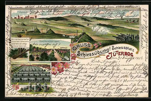 Lithographie Jüterbog, Schiessplatz, Zieldorf, Barackenlager, Militär