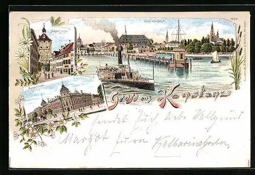 Lithographie Konstanz, Hafenpartie mit Dampfer, Schnetztor, Postgebäude