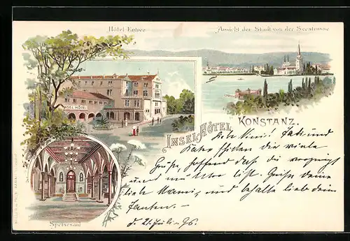 Lithographie Konstanz, Insel-Hotel, Ortsansicht von der Seestrasse, Speisesaal