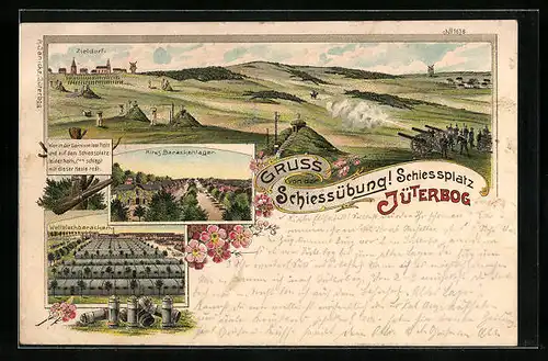 Lithographie Jüterbog, Schiessplatz, Zieldorf, Altes Barackenlager, Militär