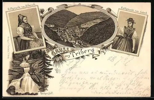 Lithographie Triberg, Wasserfall, Ortsansicht aus der Vogelschau, Volkstrachten aus Schonach und Gutach