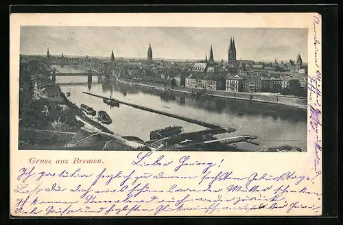 AK Bremen, Panorama mit Hafen