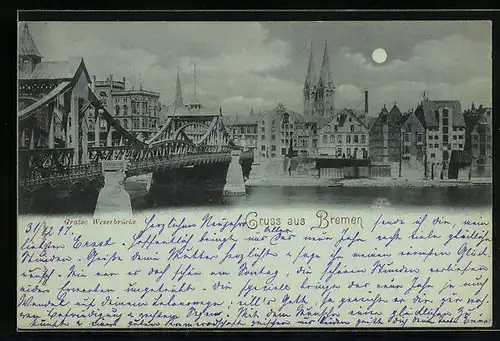 Mondschein-AK Bremen, Grosse Weserbrücke mit der Weser