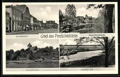 AK Preetz /Holstein, Ortsansicht mit Lanker See, Stadtkirche und Marktplatz