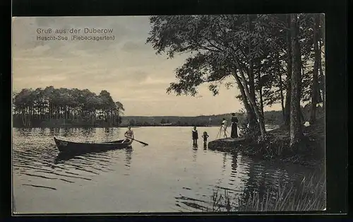 AK Duberow, Huscht-See mit Besuchern