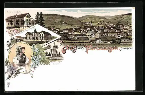 Lithographie Furtwangen /Schwarzwald, Gr. Bad. Uhrmacherschule, Gewerbeaustellung, Panorama