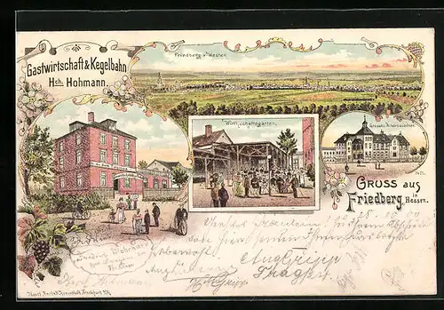 Lithographie Friedberg /Hessen, Gasthaus v. H. Hohmann, Grosshl. Ackerbauschule, Totalansicht