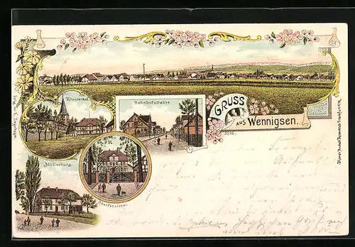 Lithographie Wennigsen, Bahnhofstrasse, Oberförsterei, Möllerburg