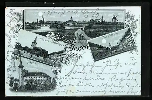 Mondschein-Lithographie Jessen, Lange Strasse, Schloss, Panorama mit Windmühle