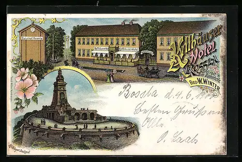 Lithographie Rossla, Kyffhäuser-Hotel mit Bahnhof