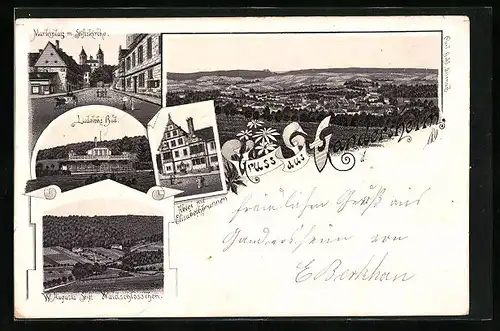 Lithographie Gandersheim, Ludolphs Bad, Abtei mit Elisabethbrunnen, Marktplatz mit Stiftskirche