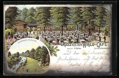 Lithographie Leipzig-Connewitz, Wald-Cafe von A. Götze, Gondel-Station