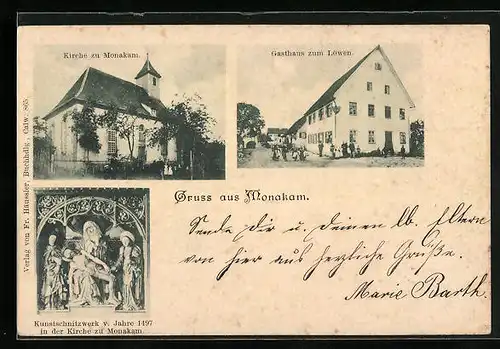 AK Monakam, Gasthaus zum Löwen, Kirche