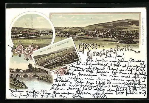 Lithographie Grosspostwitz, Bahnhof gegen Mönchswalder Berg, Ortsansicht