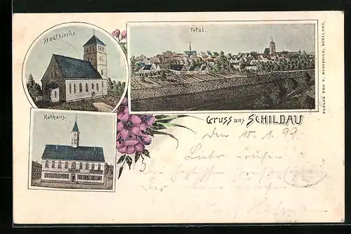 Lithographie Schildau, Rathaus, Stadtkirche, Panorama