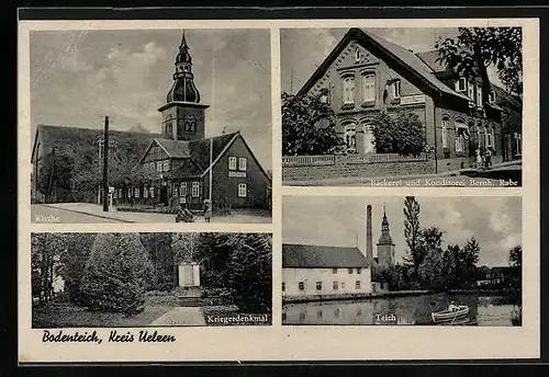 AK Bodenteich / Kr. Uelzen, Cafe und Konditorei Bernh. Rabe, Kirche, Kriegerdenkmal
