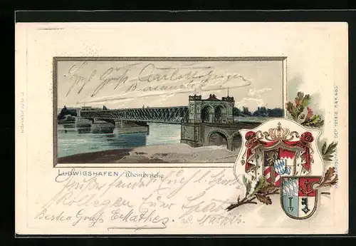 Passepartout-Lithographie Ludwigshafen, Blick auf die Rheinbrücke, Wappen