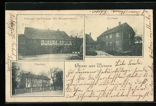 AK Wenzen, Post und Geschäftshaus, Forsthaus, Pfarrhaus