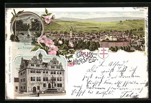 Lithographie Hersfeld, Rathaus, Partie a. d. Anlagen, Panorama