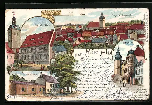 Lithographie Mücheln, Deutscher Hof, Rathaus, Schützenhaus