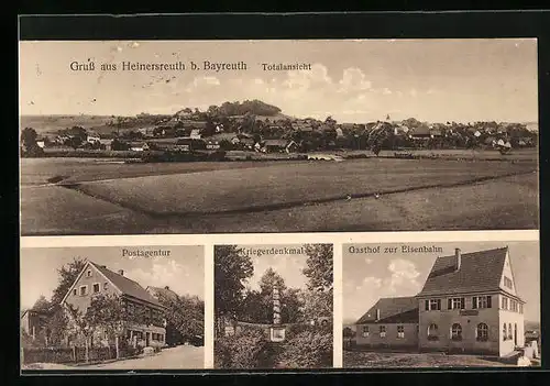 AK Heinersreuth b. Bayreuth, Gasthof zur Eisenbahn, Kriegerdenkmal, Postagentur