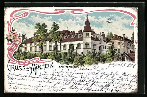 Lithographie Mücheln, Blick auf das Schützenhaus