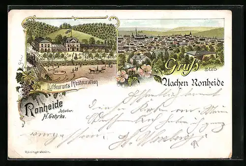 Lithographie Aachen, Gasthof und Restaurant Ronheide, Panorama