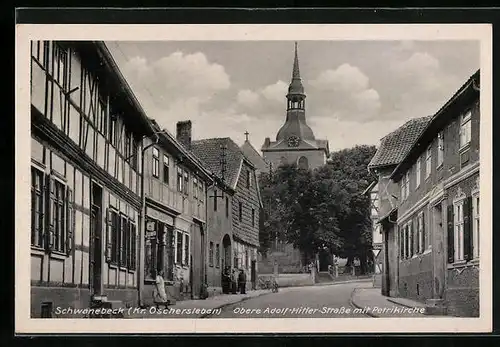 AK Schwanebeck / Kr. Oschersleben, Obere Strasse mit Petrikirche