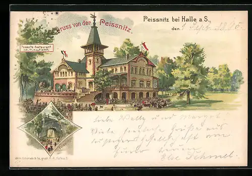 Vorläufer-Lithographie Halle a. S., 1895, Gasthof Peisnitz-Restaurant, Felsenthor