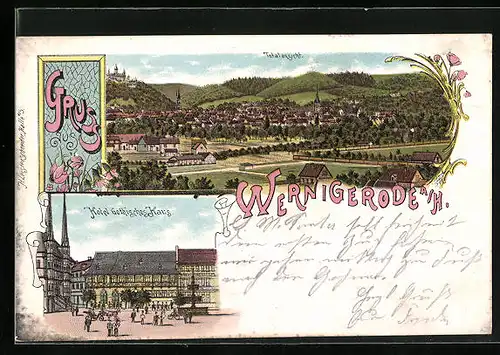 Lithographie Wernigerode a. H., Hotel Gothisches Haus, Ortsansicht