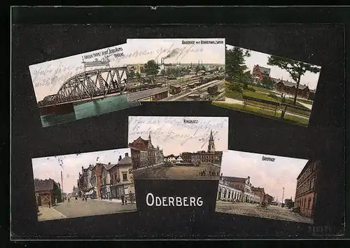 AK Oderberg, Bahnhof mit Röhrenwalzwerk, Ringplatz, Kaiser Franz Josef Jubiläums-Brücke
