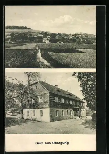 AK Obergurig, Gasthof zum Erbgericht, Ortsansicht aus der Ferne