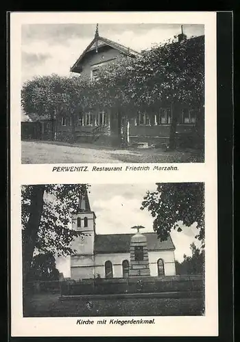 AK Perwenitz, Restaurant Friedrich Marzahn, Kirche mit Kriegerdenkmal