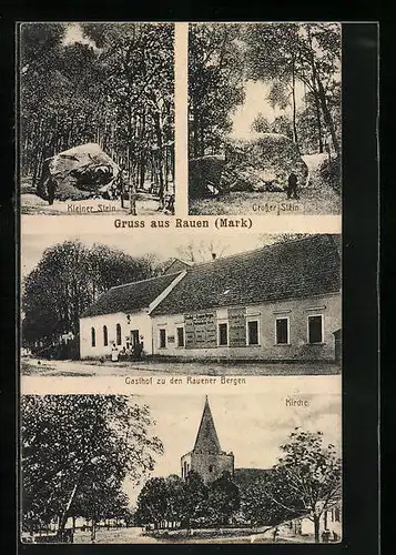 AK Rauen /Mark, Gasthof zu den Rauener Bergen, Grosser Stein, Kirche
