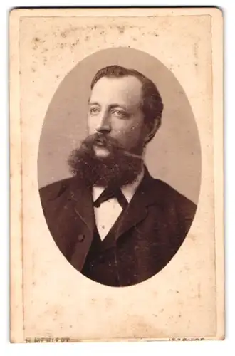 Fotografie H. Mehlert, Itzehoe, Breitestr. 14, Portrait junger Mann im dunklen Anzug mit voluminösem Vollbart