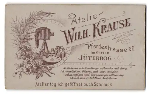 Fotografie Wilh. Krause, Jüterbog, Pferdestr. 26, Plattenkamera mit Farbpalette