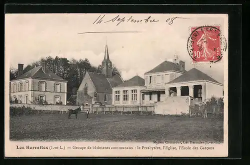 AK Les Hermites, Groupe de bâtiments communaux: le Presbytere, l`Eglise, l`Ecole des Garcons