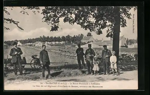 AK Ste-Maure, La Route Nationale à Taffoneau, Le Parc du 10 Regiment d`Artillerie de Rennes