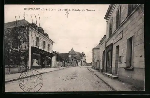 AK Restigne, La Poste, Route de Tours