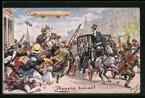 Künstler-AK Arthur Thiele: Zeppelin kommt!, Mann ist auf einen Dackel gefallen