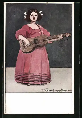 Künstler-AK sign. H. Frauendorfer-Mühlthaler: Mädchen mit Gitarre, Ausstellung München 1910