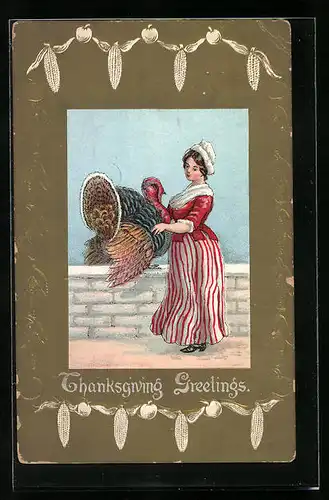 Präge-AK Frau mit prächtigem Truthahn, Thanksgiving