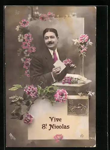 AK Vive St. Nicolas, Namenstag, Verliebter Mann mit Blumen und Brief