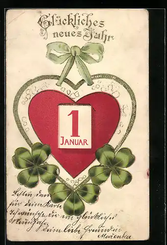 Präge-AK Rotes Herz mit Kleeblättern zum neuen Jahr