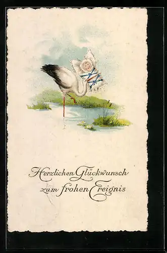 AK Glückwunsch zum frohen Ereignis, Storch bringt Kind